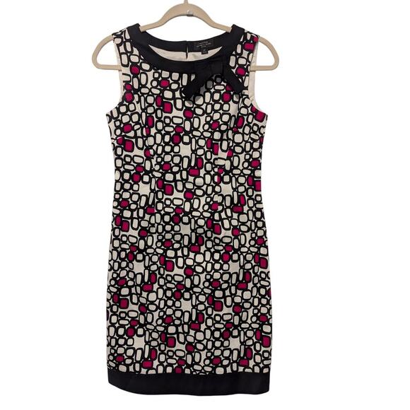 Tahari Women's 2P Sleeveless Dress Black Pink & White Circles Back Zip With Bow - Picture 1 of 9